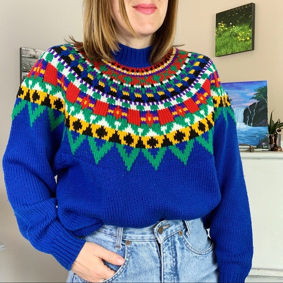 Vintage Primary Blue Fair Isle Mock Neck Sweater